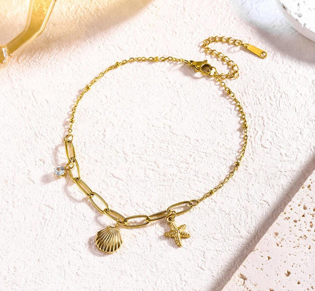 Anti-Tarnish Gold Plated Elegant Pearl Shell & Stone Charm Anklet