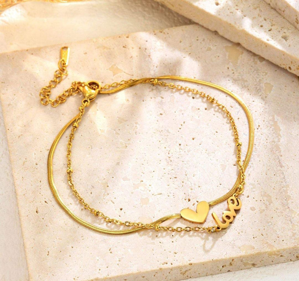 Anti-Tarnish Gold Plated Cute Love Heart Dual Chain Anklet