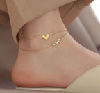 Anti-Tarnish Gold Plated Cute Love Heart Dual Chain Anklet