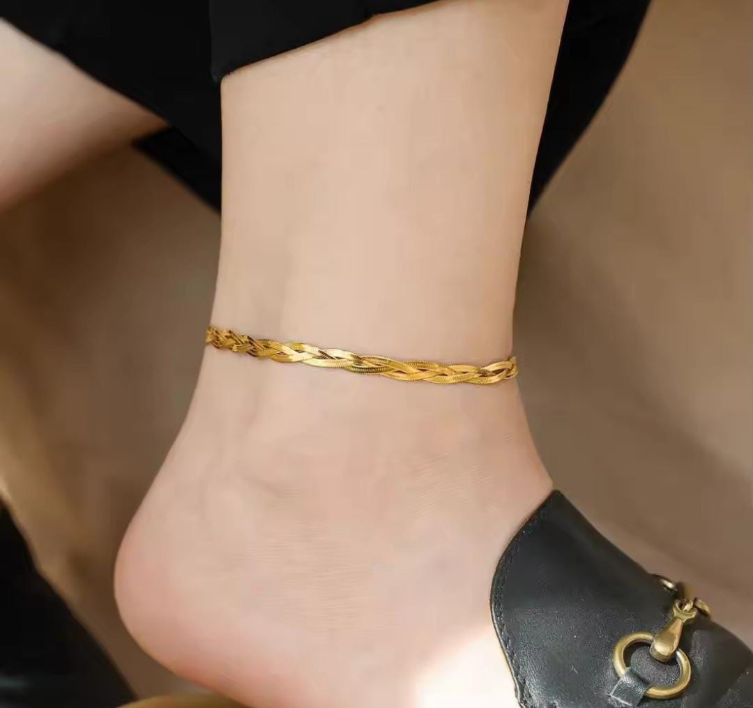 Anti-Tarnish Gold Plated Three Layer Snake Chain Braided Anklet