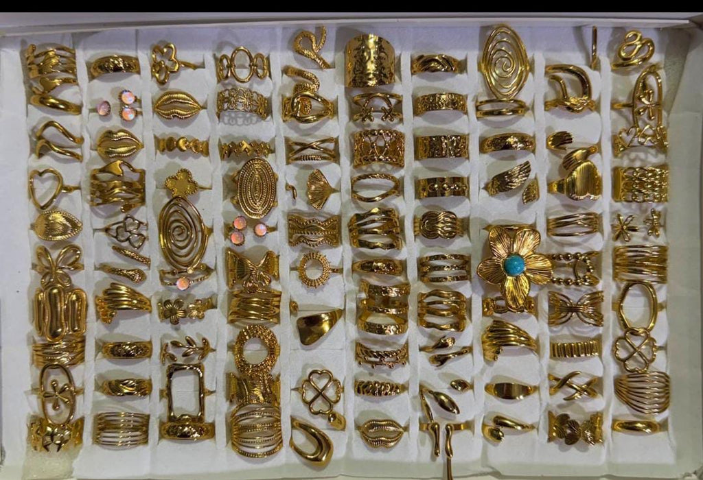 Anti-Tarnish 18K Gold PVD Plated Set of 100 Assorted Adjustable Finger Rings Box