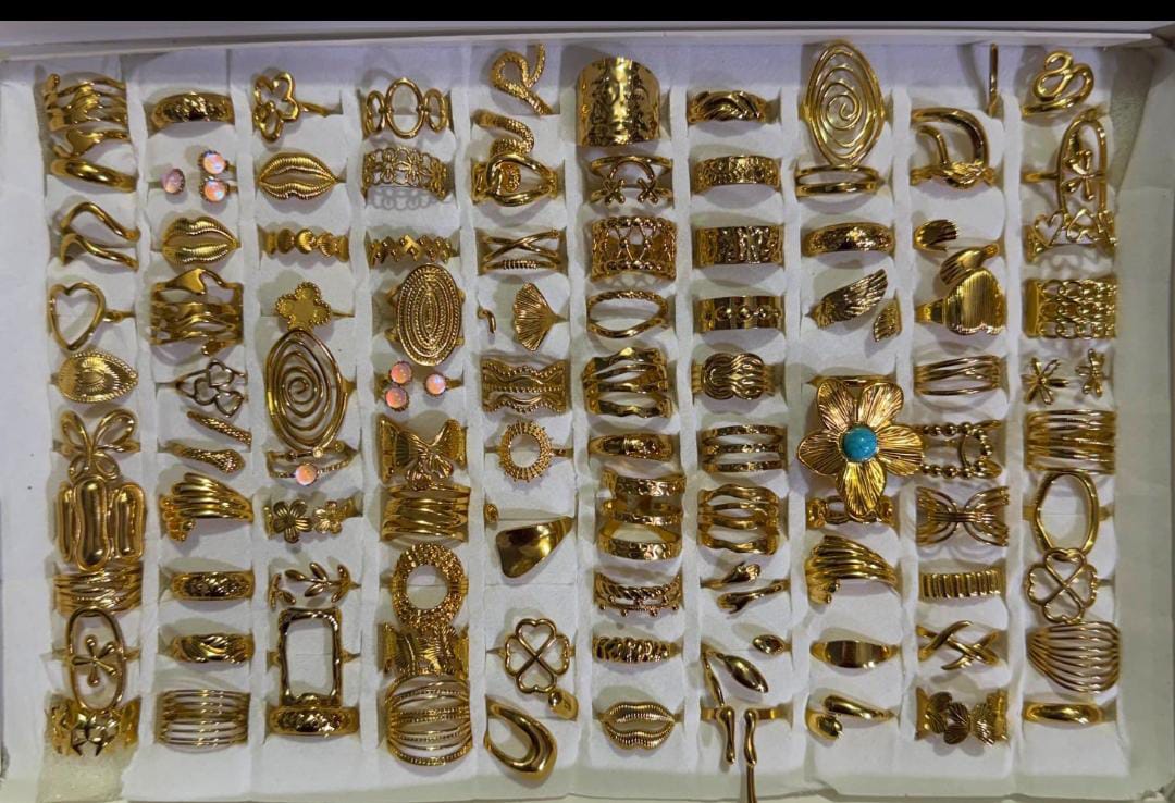 Anti-Tarnish 18K Gold PVD Plated Set of 100 Assorted Adjustable Finger Rings Box