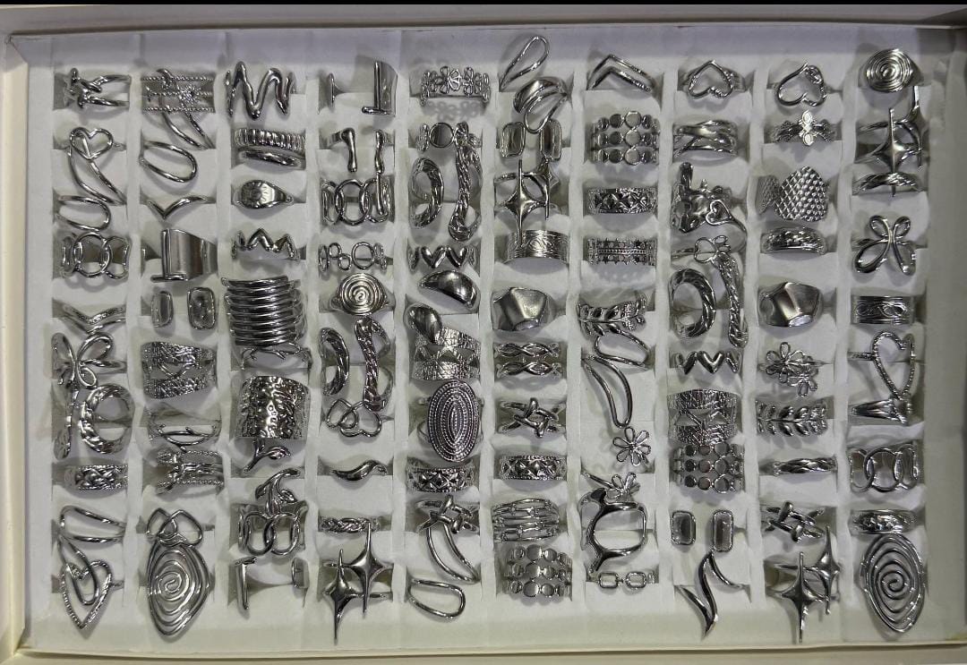 Anti-Tarnish Silver Assorted Adjustable Finger Rings Box of 100
