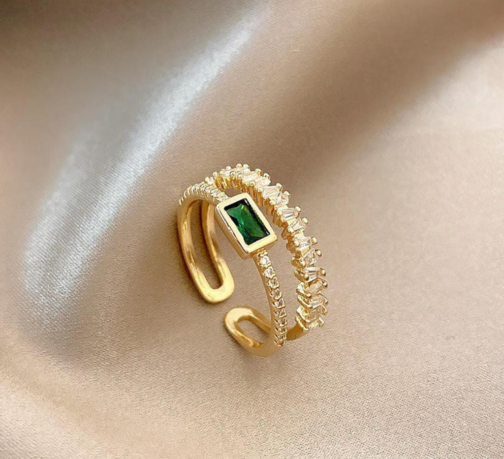 Premium 14K Gold Plated Green Emerald & Stone Studded Finger Ring