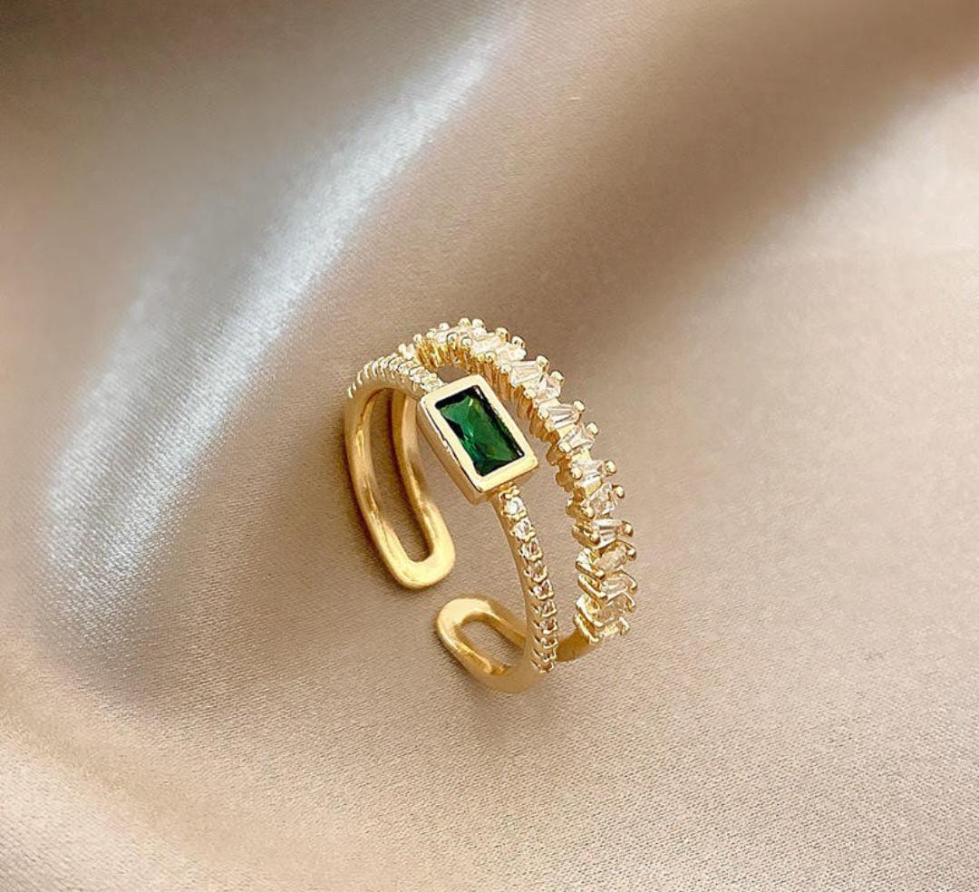 Premium 14K Gold Plated Green Emerald & Stone Studded Finger Ring
