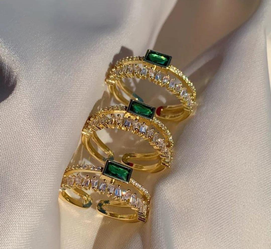Premium 14K Gold Plated Green Emerald & Stone Studded Finger Ring