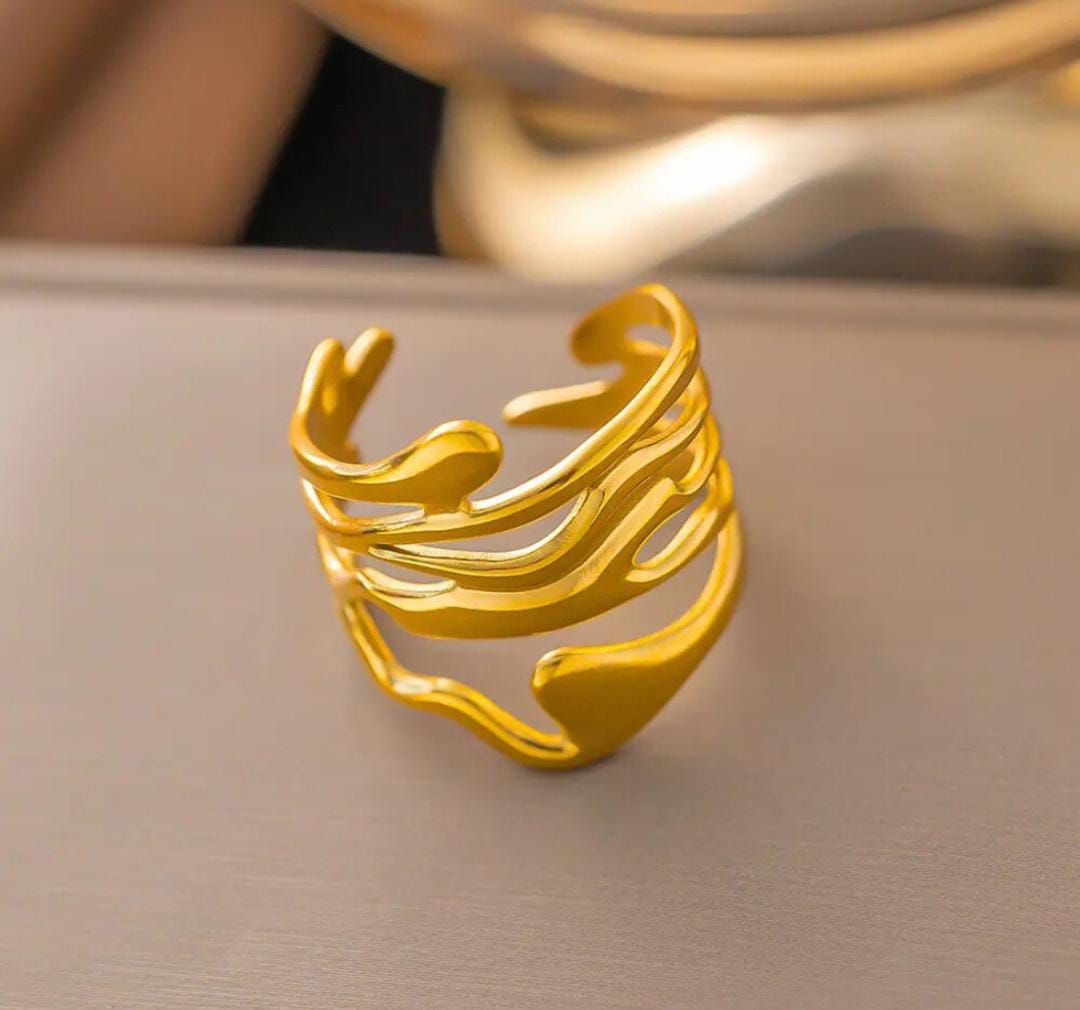 Anti-Tarnish Gold Plated Chunky Hollow Abstract Wide Ring