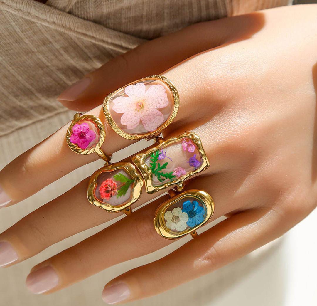 Anti-Tarnish Adjustable Handmade Resin Floral Art Rings (6 Pcs Set of Random)