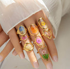 Anti-Tarnish Adjustable Handmade Resin Floral Art Rings (6 Pcs Set of Random)