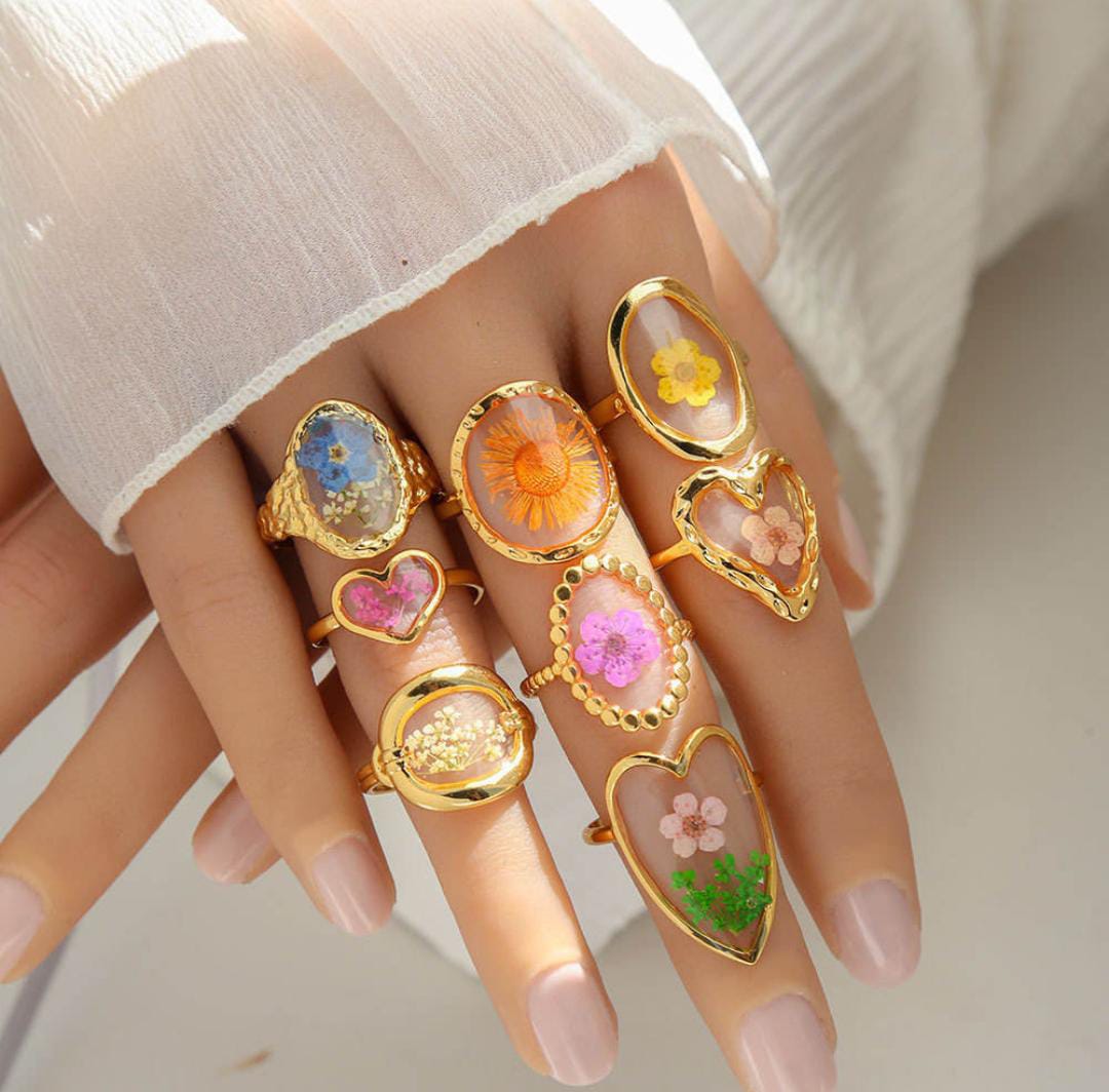 Anti-Tarnish Adjustable Handmade Resin Floral Art Rings (6 Pcs Set of Random)