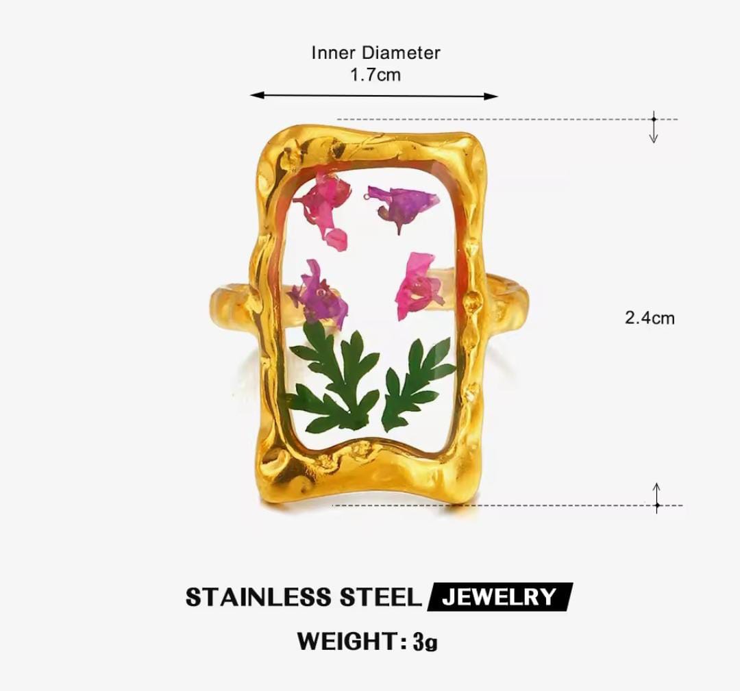 Anti-Tarnish Adjustable Rectangular Floral Theme Resin Art Ring