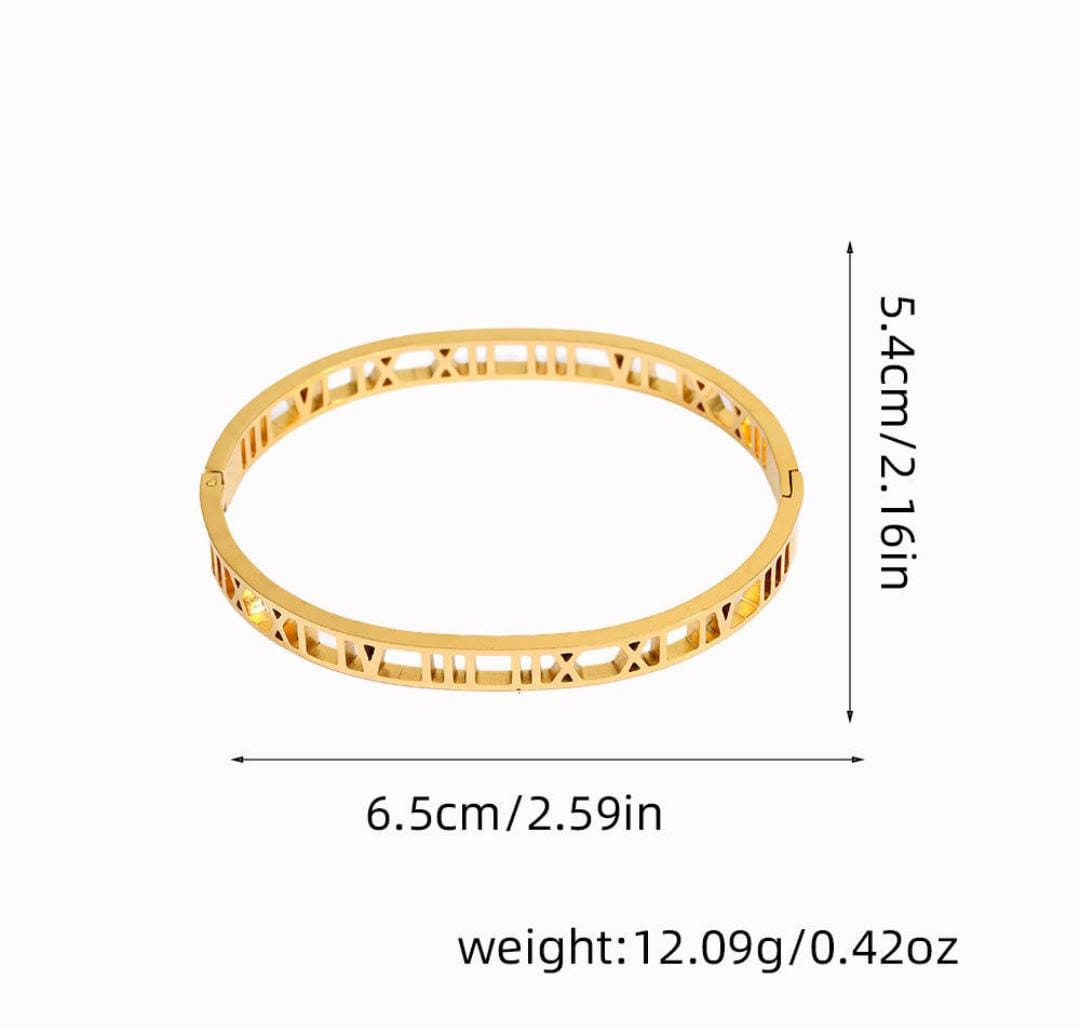 Anti-Tarnish Roman Numeral Cuts Stainless Steel Bangle Bracelet