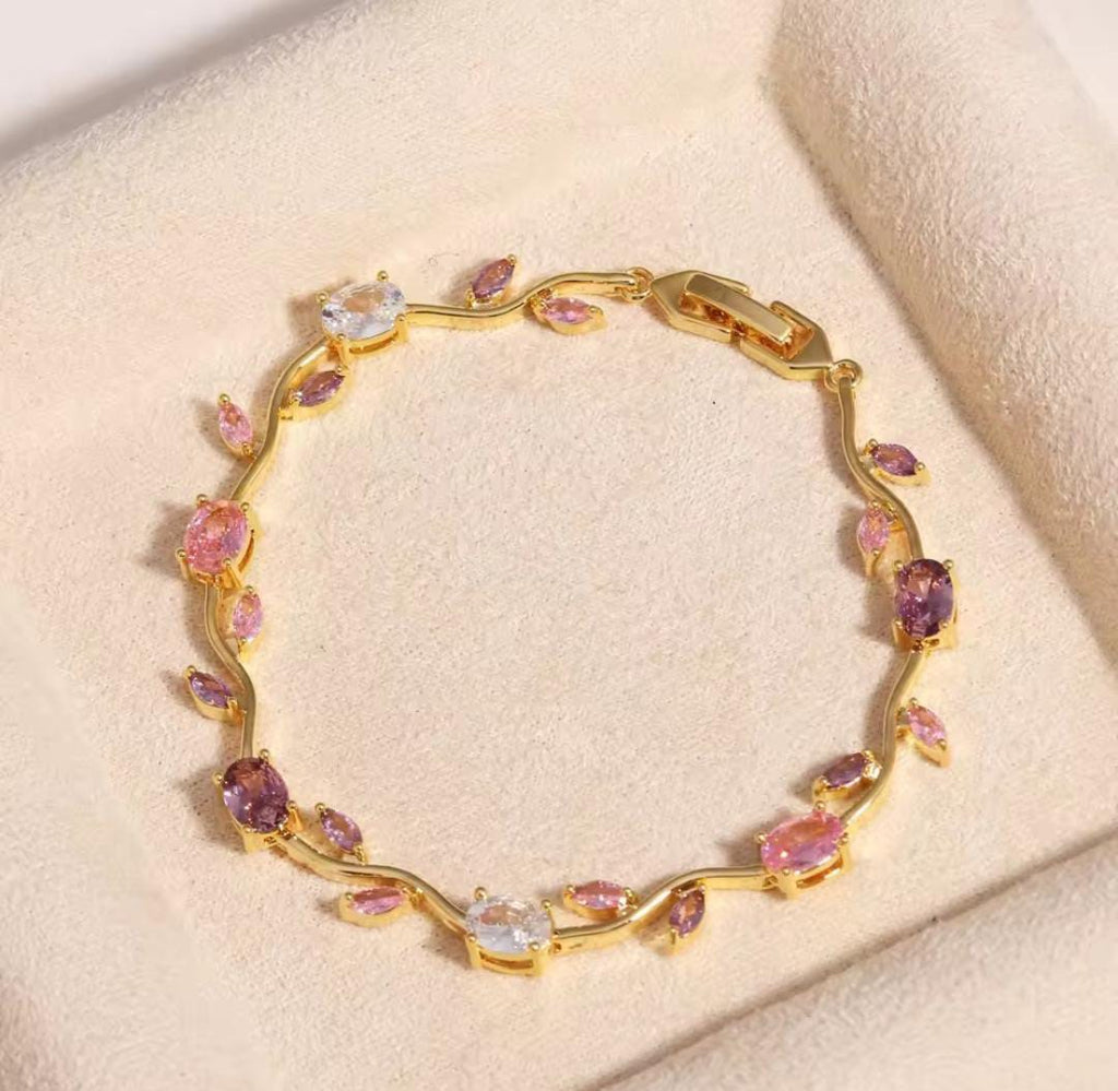 Anti-Tarnish Tulip Stainless Steel Bracelet with Pink, Purple & White Stones