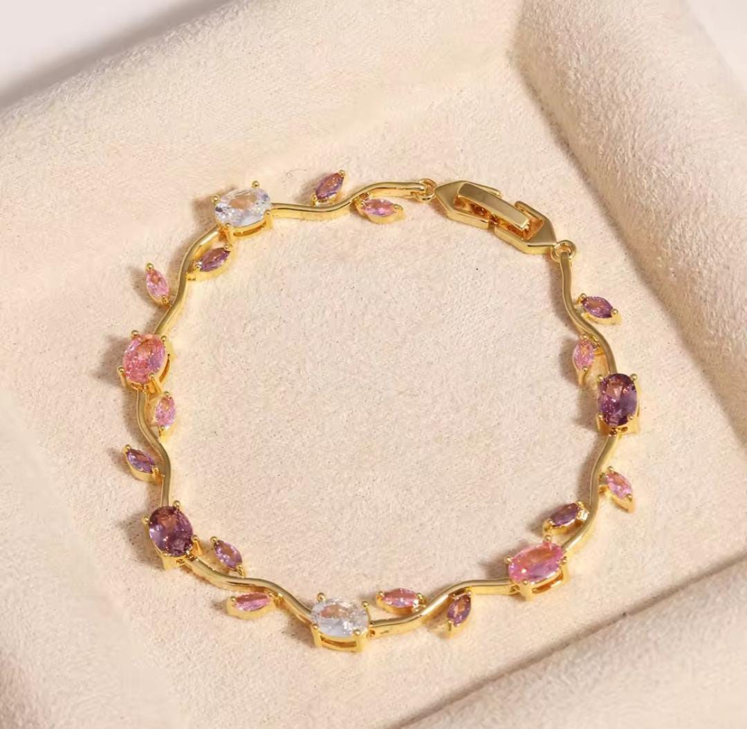 Anti-Tarnish Tulip Stainless Steel Bracelet with Pink, Purple & White Stones