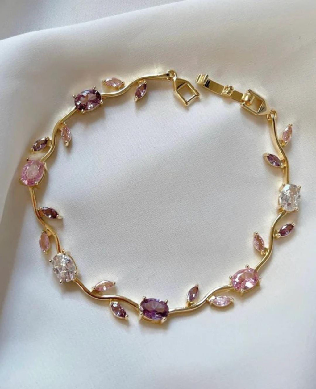 Anti-Tarnish Tulip Stainless Steel Bracelet with Pink, Purple & White Stones