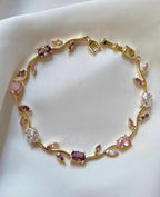 Anti-Tarnish Tulip Stainless Steel Bracelet with Pink, Purple & White Stones
