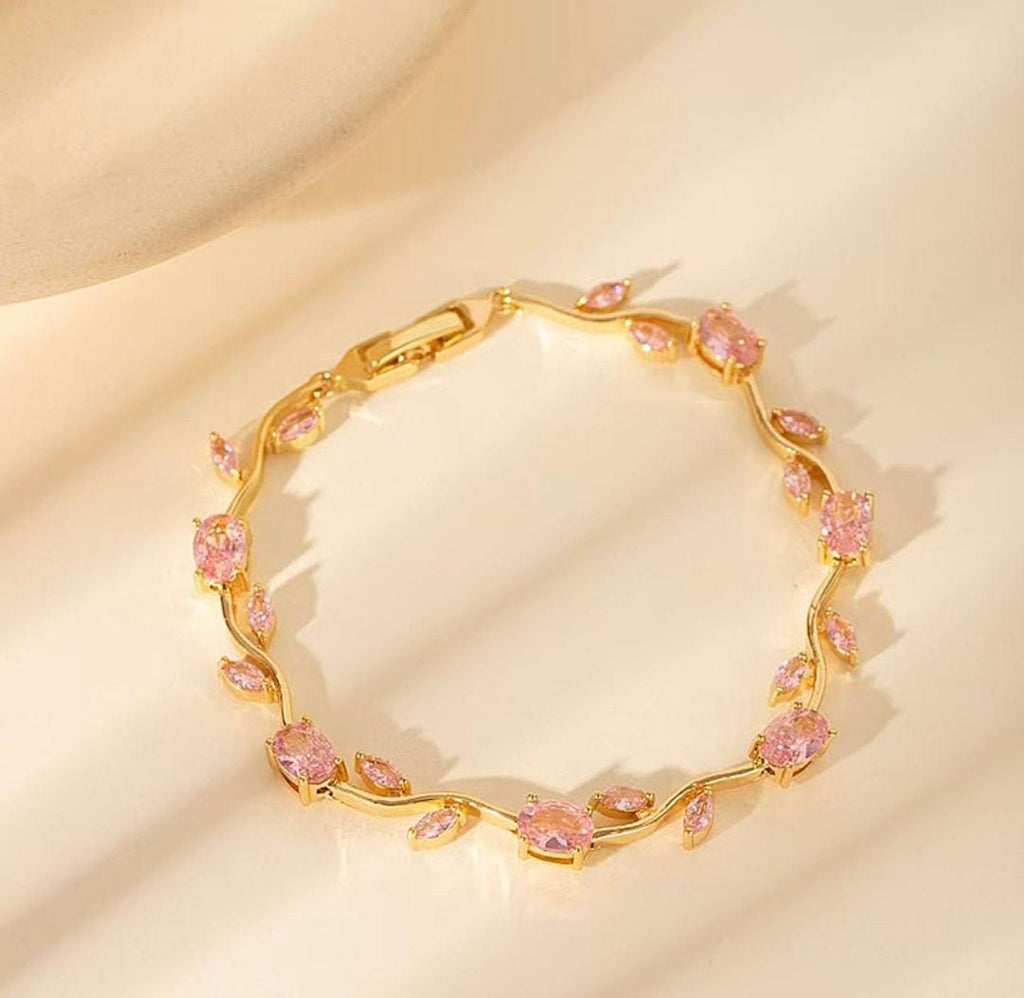 Anti-Tarnish Gold Tulip Stainless Steel Bracelet with Pink Stones