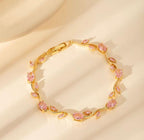 Anti-Tarnish Gold Tulip Stainless Steel Bracelet with Pink Stones