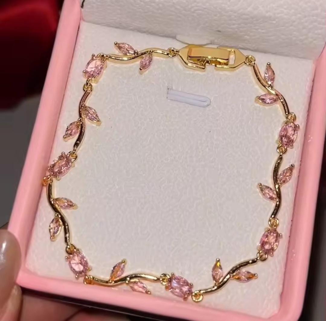 Anti-Tarnish Gold Tulip Stainless Steel Bracelet with Pink Stones