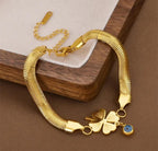 Anti-Tarnish Evil Eye Leaf Charm Snake Chain Stainless Steel Bracelet