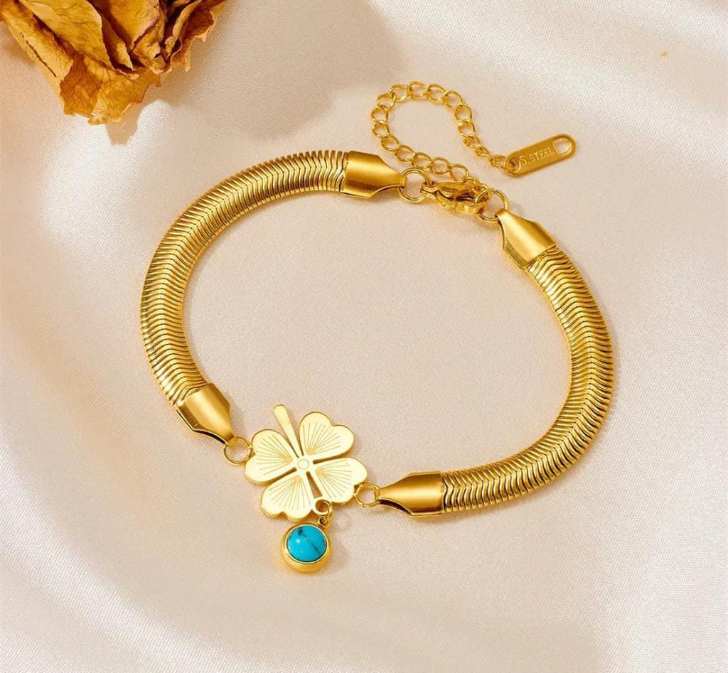 Anti-Tarnish Evil Eye Leaf Charm Snake Chain Stainless Steel Bracelet
