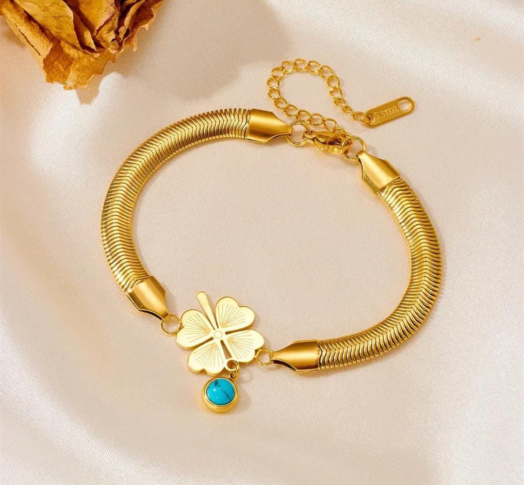 Anti-Tarnish Evil Eye Leaf Charm Snake Chain Stainless Steel Bracelet