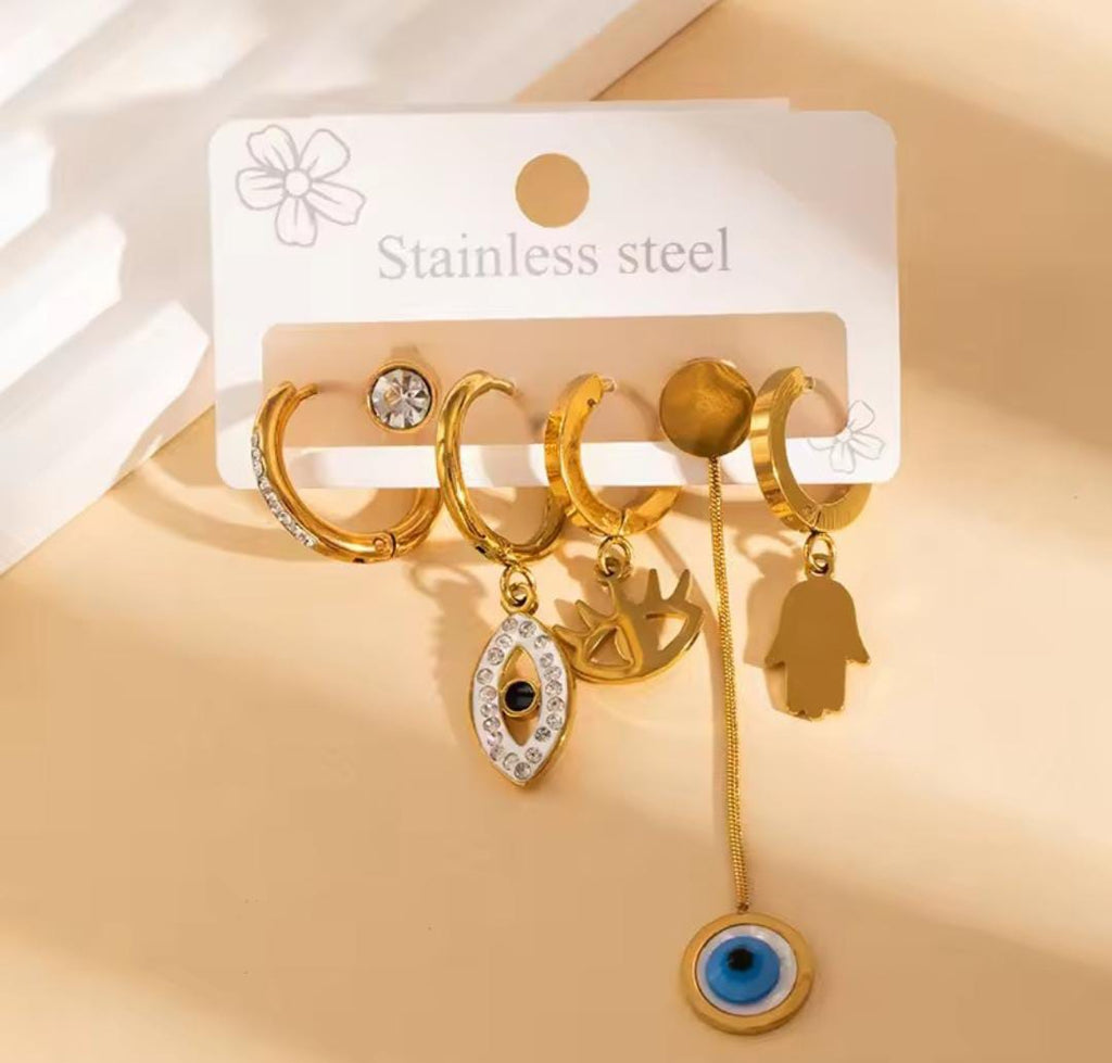 Anti-Tarnish Evil Eye Mismatching Stainless Steel Earrings Set (6 Pcs)