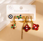Anti-Tarnish Enamel Clover Flower Evil Eye Mismatching Stainless Steel Earrings Set (6 Pcs)