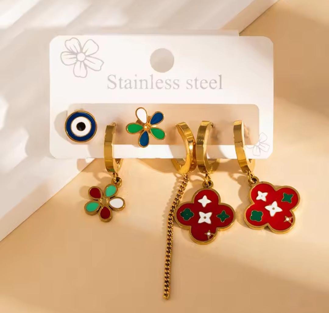 Anti-Tarnish Enamel Clover Flower Evil Eye Mismatching Stainless Steel Earrings Set (6 Pcs)