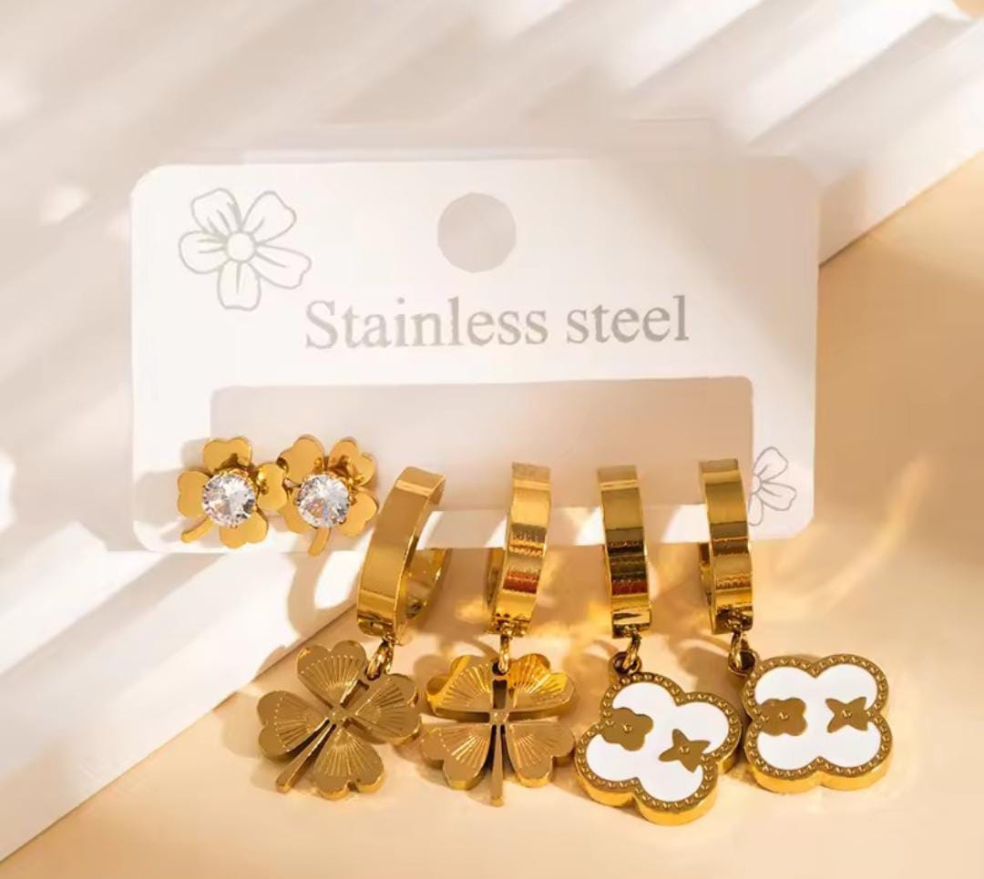 Anti-Tarnish Lucky Clover Stainless Steel Earrings Set (3 Pairs / 6 Pcs)
