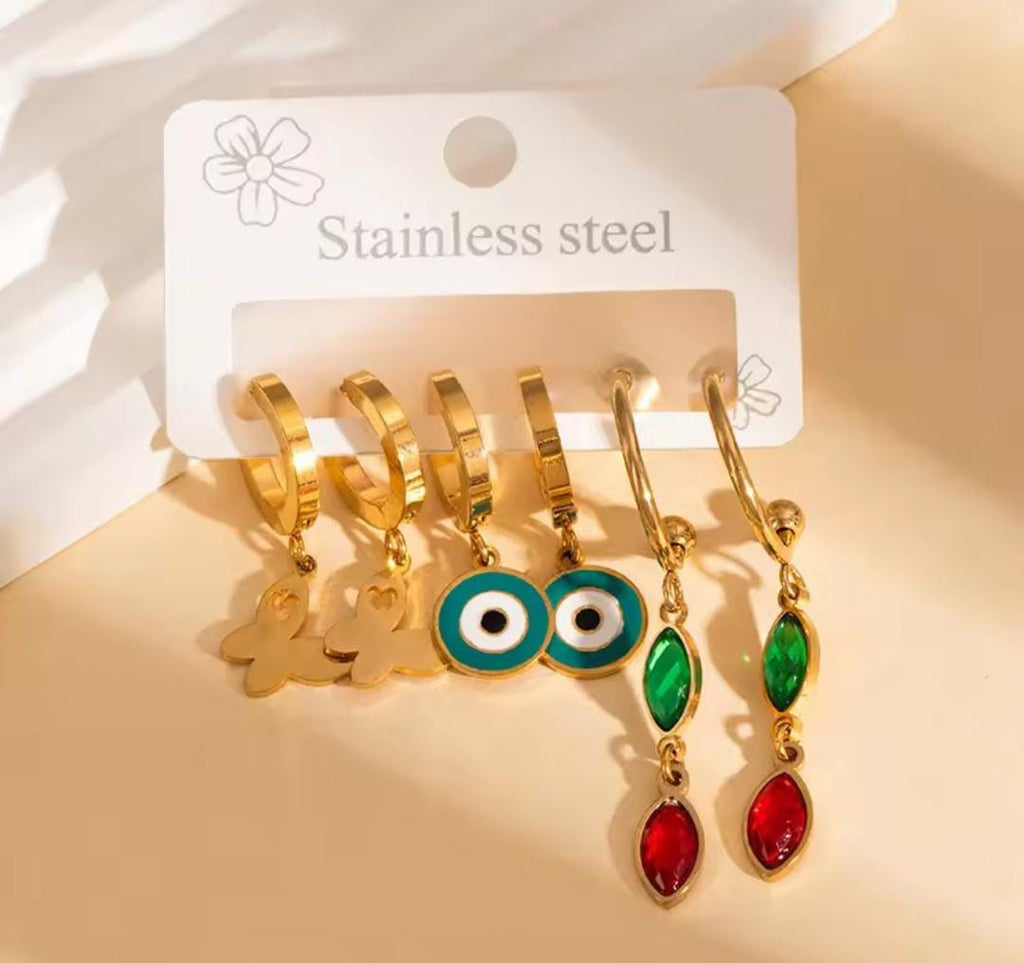 Anti-Tarnish Butterfly & Evil Eye Stainless Steel Earrings Set (3 Pairs / 6 Pcs)