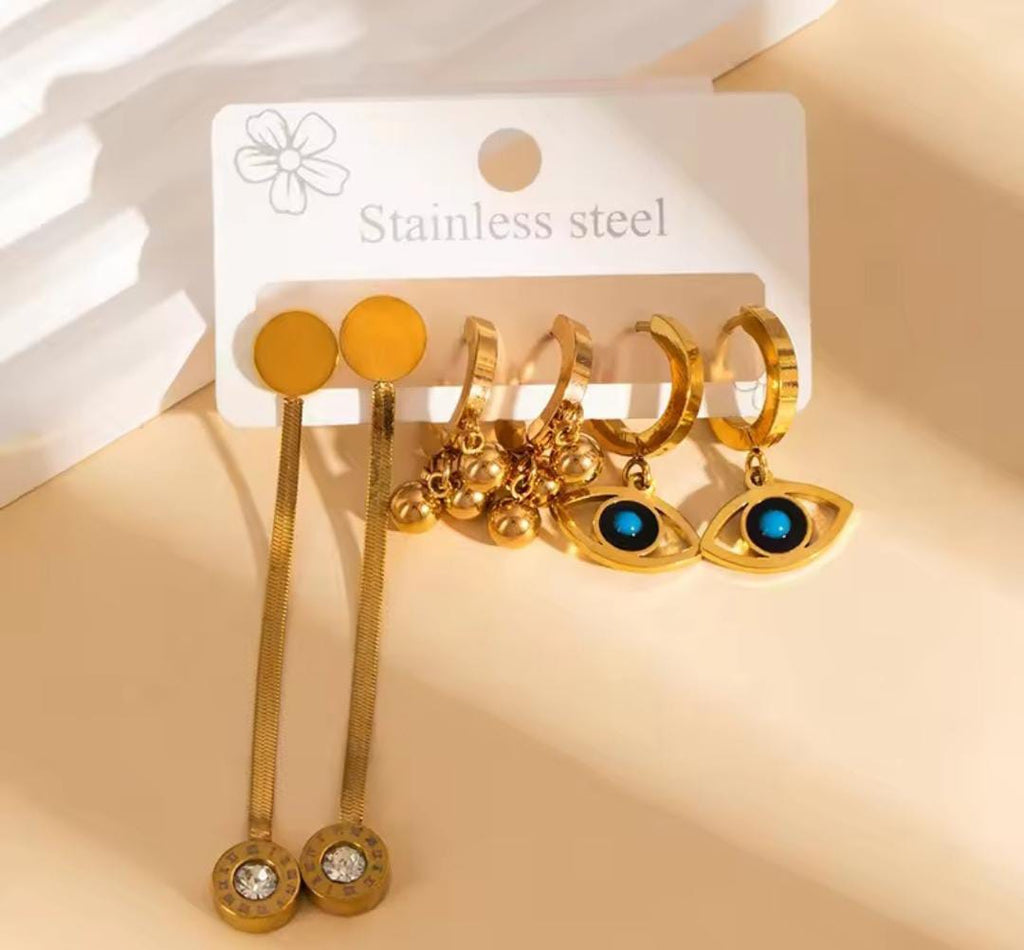 Anti-Tarnish Evil Eye Long & Drop Stainless Steel Earrings Set (3 Pairs / 6 Pcs)