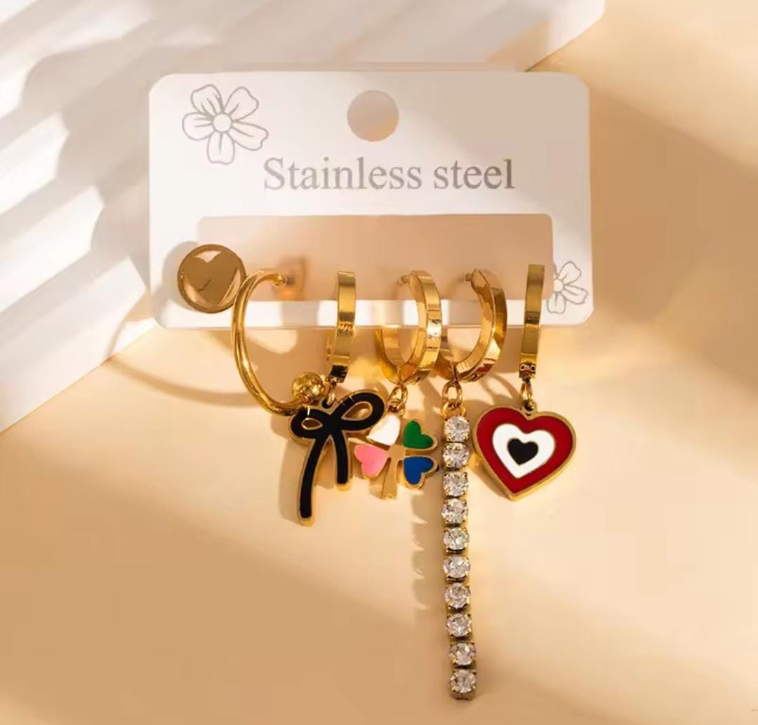Anti-Tarnish Heart & Bow Mismatching Stainless Steel Earrings Set (6 Pcs)