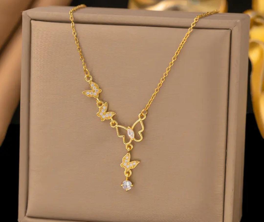 Anti-Tarnish 4 Butterflies Drop Stainless Steel Necklace