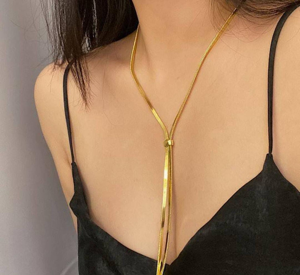 Anti-Tarnish Long Adjustable Snake Bone Flat Chain Stainless Steel Necklace