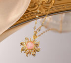 Anti-Tarnish Pink Opal Sunflower Pendant Stainless Steel Necklace