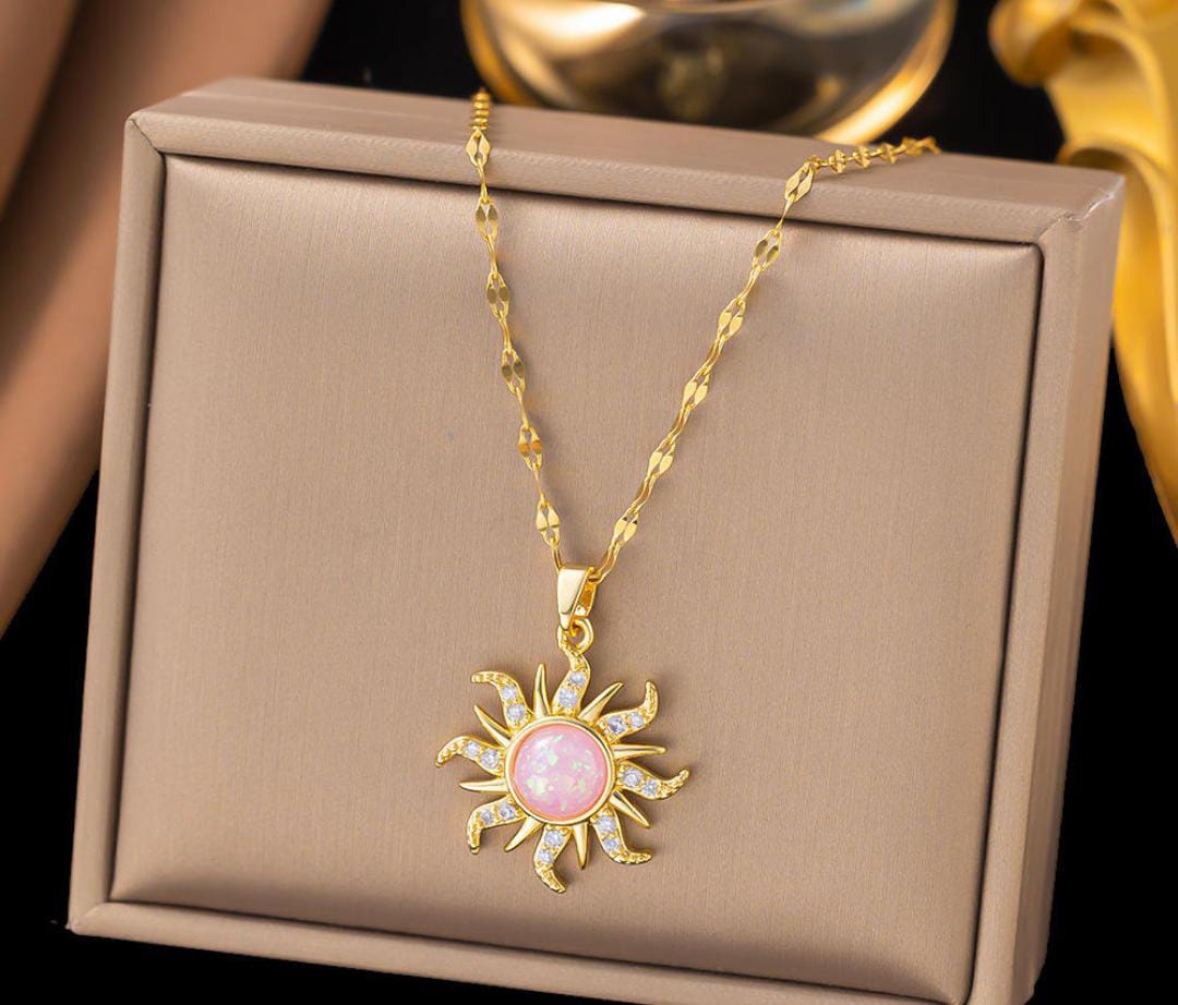 Anti-Tarnish Pink Opal Sunflower Pendant Stainless Steel Necklace