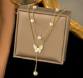 Anti-Tarnish Pearl Chain Butterfly Drop Dual Layer Stainless Steel Necklace