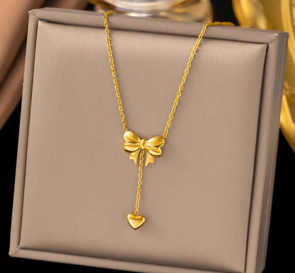 Anti-Tarnish Heart Drop Bow Knot 316L Stainless Steel Necklace
