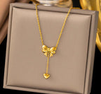 Anti-Tarnish Heart Drop Bow Knot 316L Stainless Steel Necklace