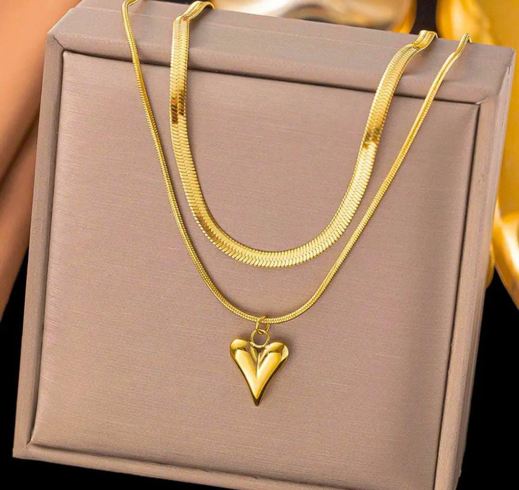 Anti-Tarnish Dual Layer Heart Pendant 316L Stainless Steel Necklace