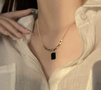 Anti-Tarnish 16 Square Beads Black Pendant Chain Necklace