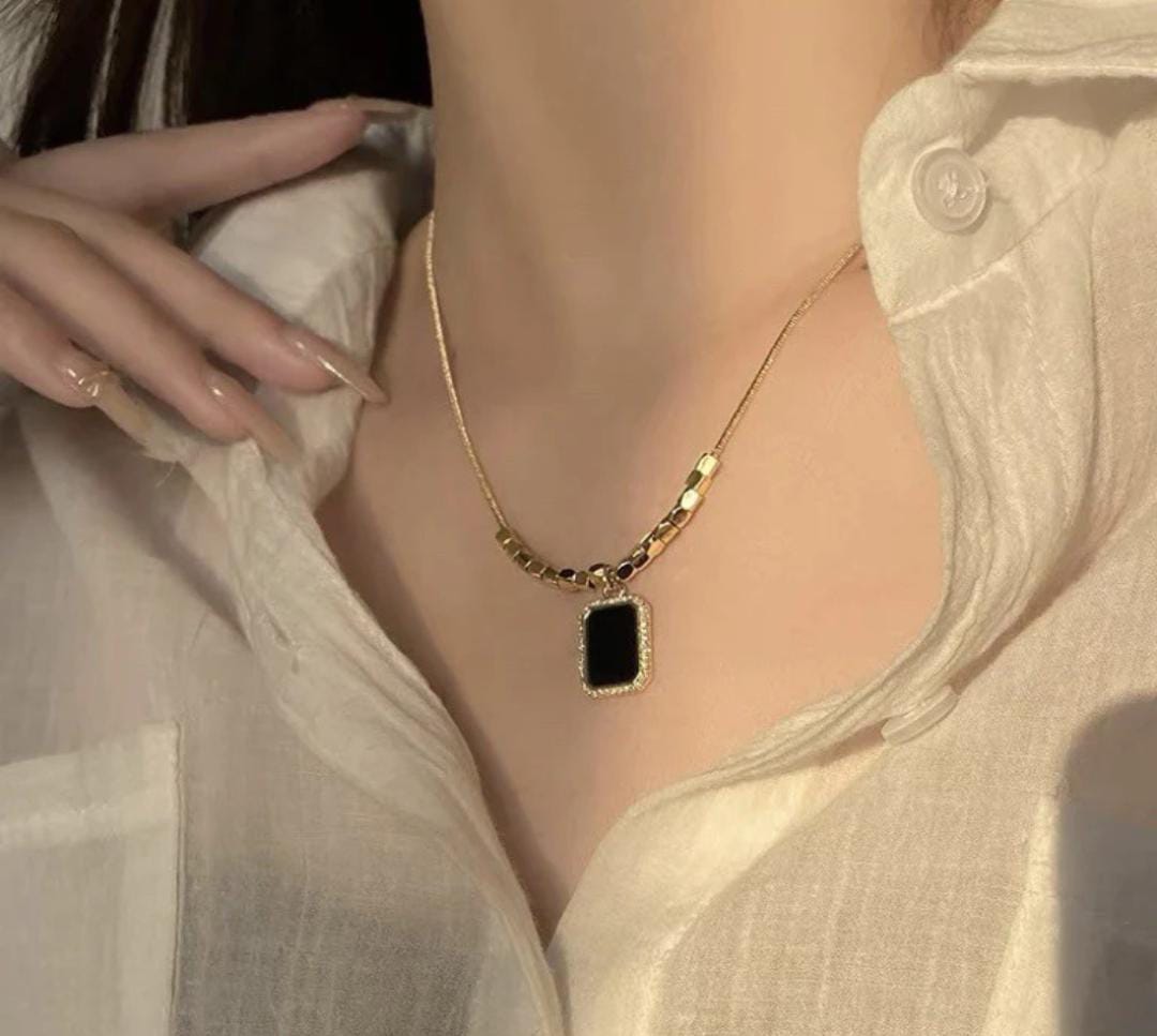 Anti-Tarnish 16 Square Beads Black Pendant Chain Necklace