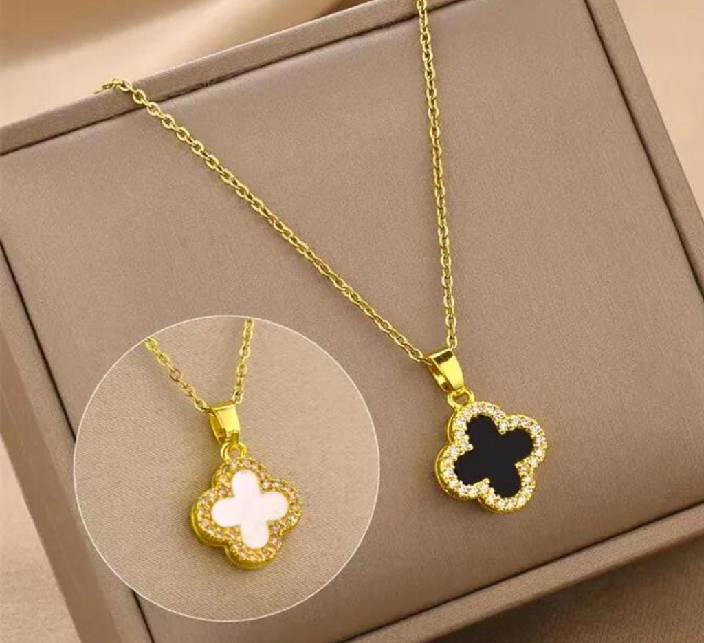 Anti-Tarnish Two-Sided Black & White Clover Stainless Steel Necklace