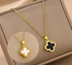 Anti-Tarnish Two-Sided Black & White Clover Stainless Steel Necklace