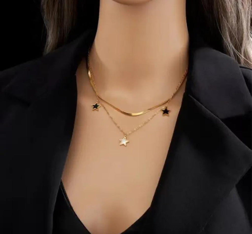 Anti-Tarnish Snake Chain Star Charms Dual Layer Stainless Steel Necklace