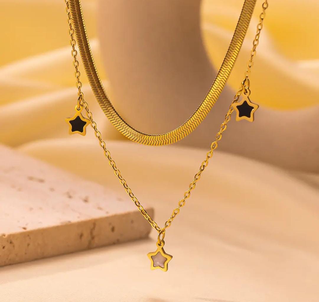 Anti-Tarnish Snake Chain Star Charms Dual Layer Stainless Steel Necklace