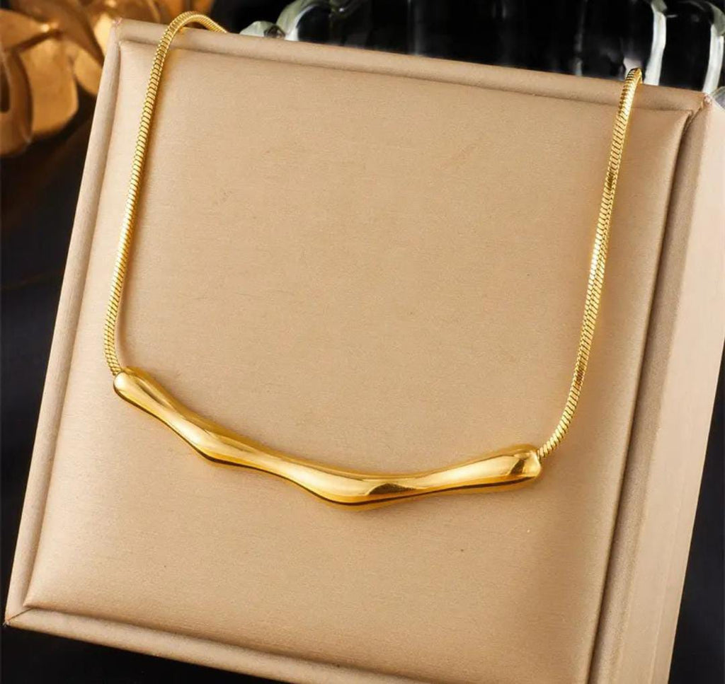 Anti-Tarnish Irregular Bar Bamboo Pendant Snake Chain 316L Stainless Steel Necklace