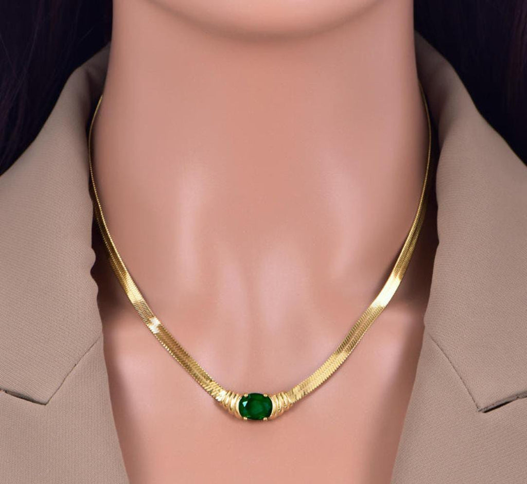 Anti-Tarnish Snake Chain Oval Emerald Style Zirconia Stainless Steel Choker Necklace