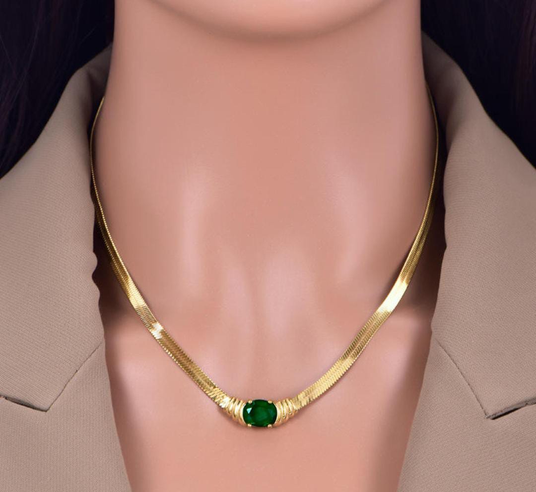Anti-Tarnish Snake Chain Oval Emerald Style Zirconia Stainless Steel Choker Necklace
